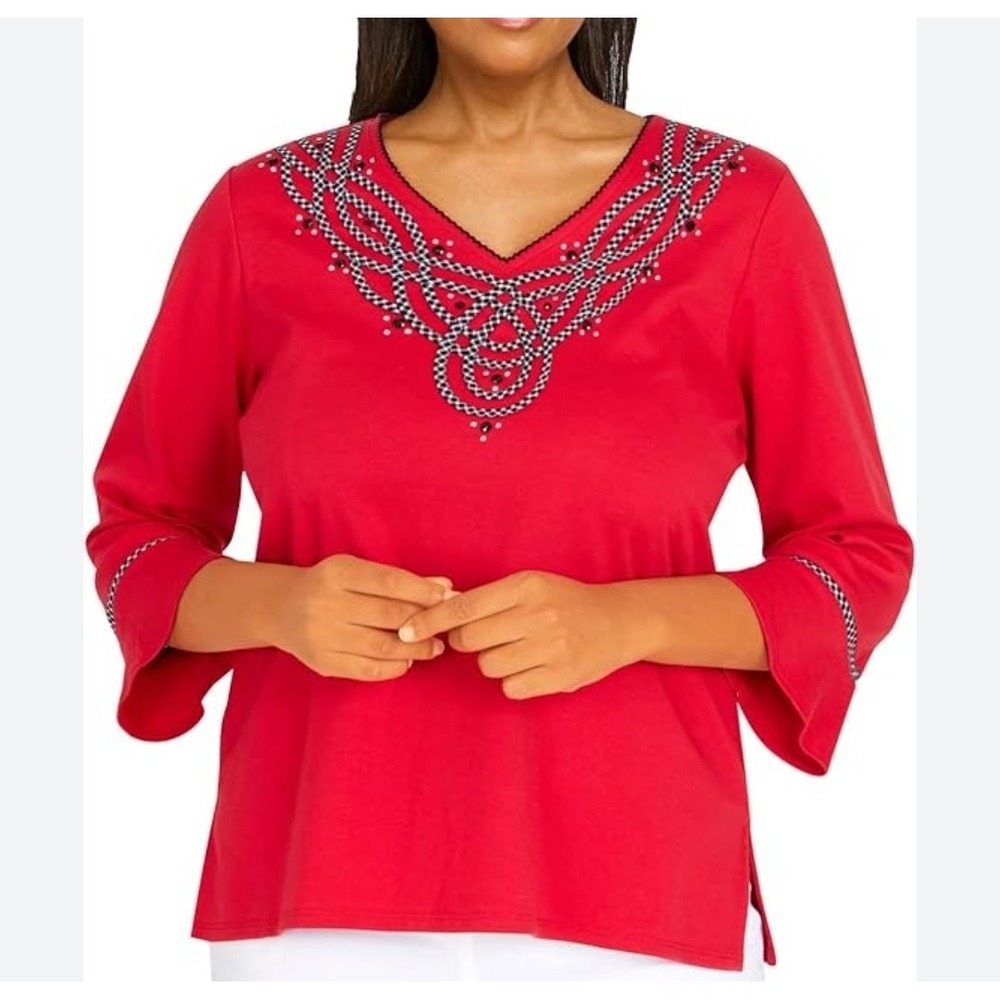 Alfred Dunner M Top Embroidered Bell Sleeve Red Black Holiday Knit Rhinestone